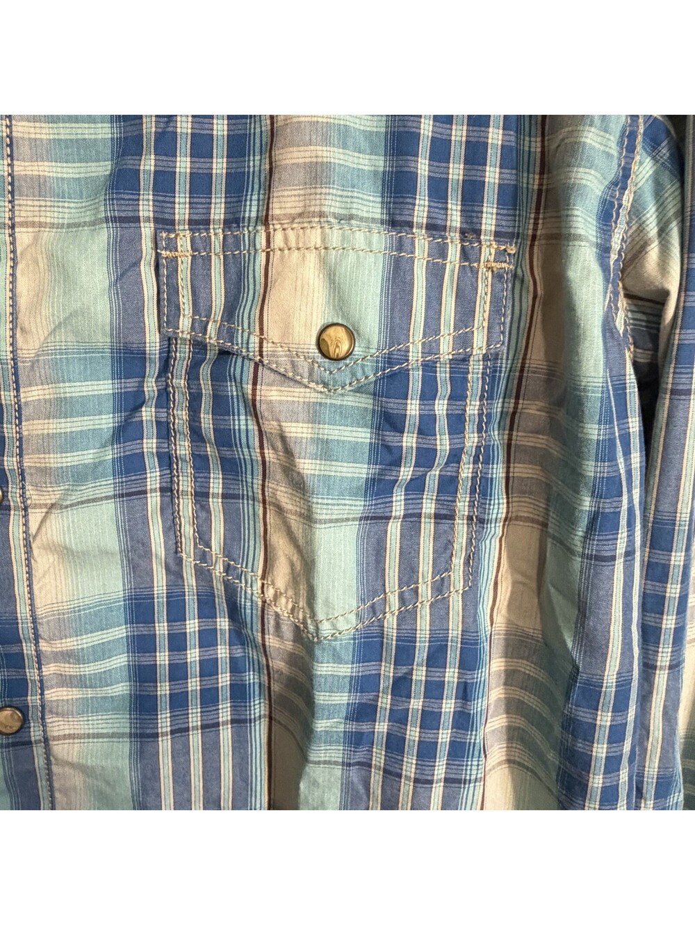 Wrangler Retro Men's L Blue Tan Plaid Woven Long Sleeve Button-Up Shirt - Picture 4 of 9